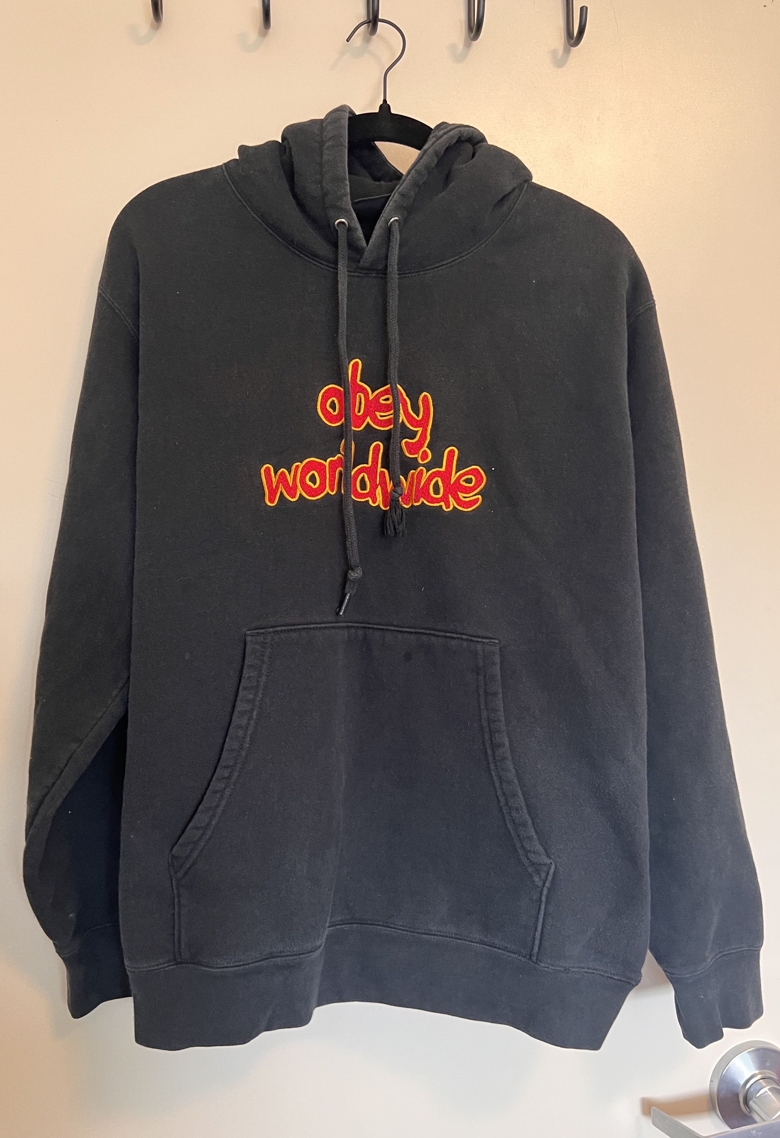 Obey black obey worldwide red and orange embroidered logo hoodie Grailed