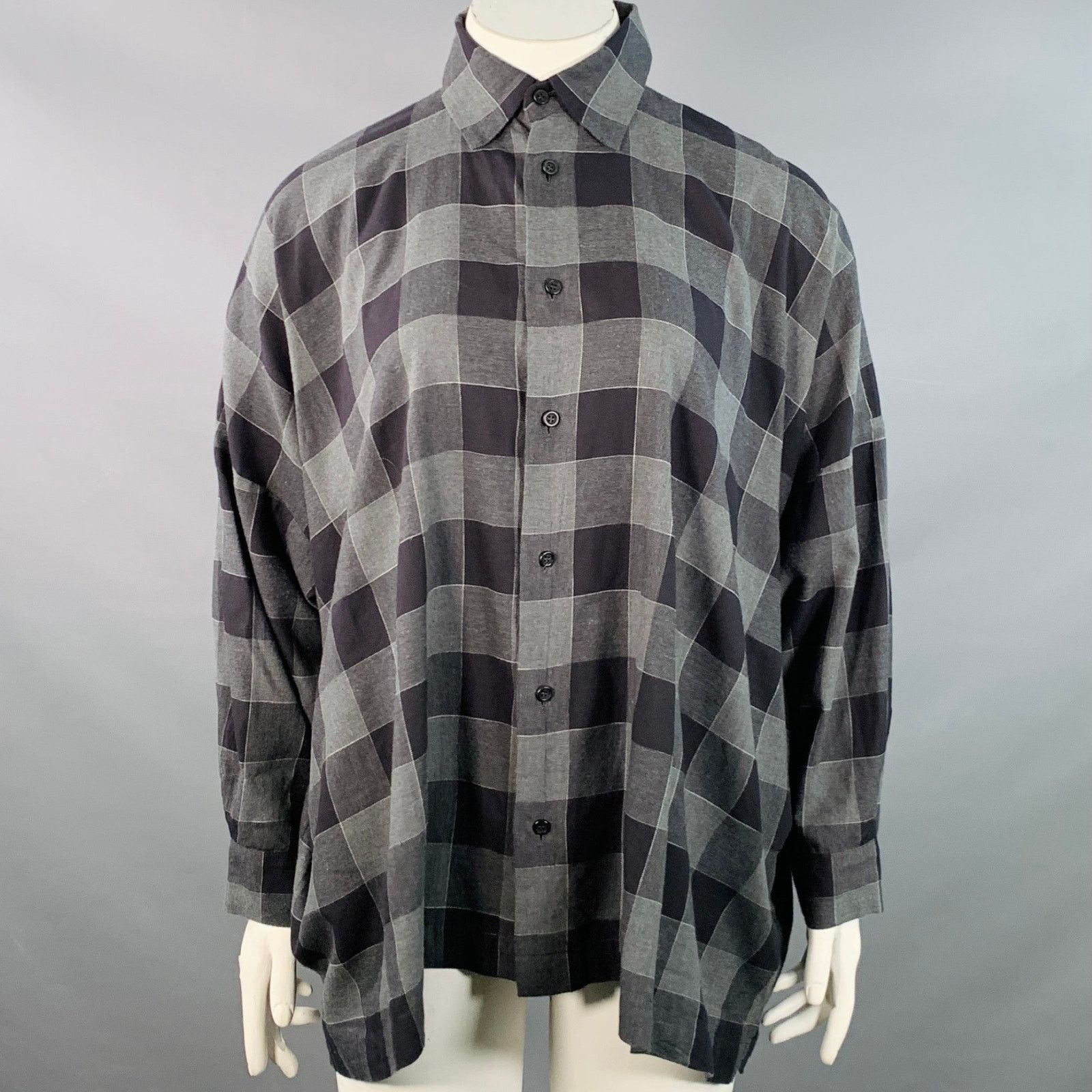 eskandar Black Charcoal Cotton Oversized Checkered Point Collar Shirt Size L / US 10 / IT 46 - 1 Thumbnail