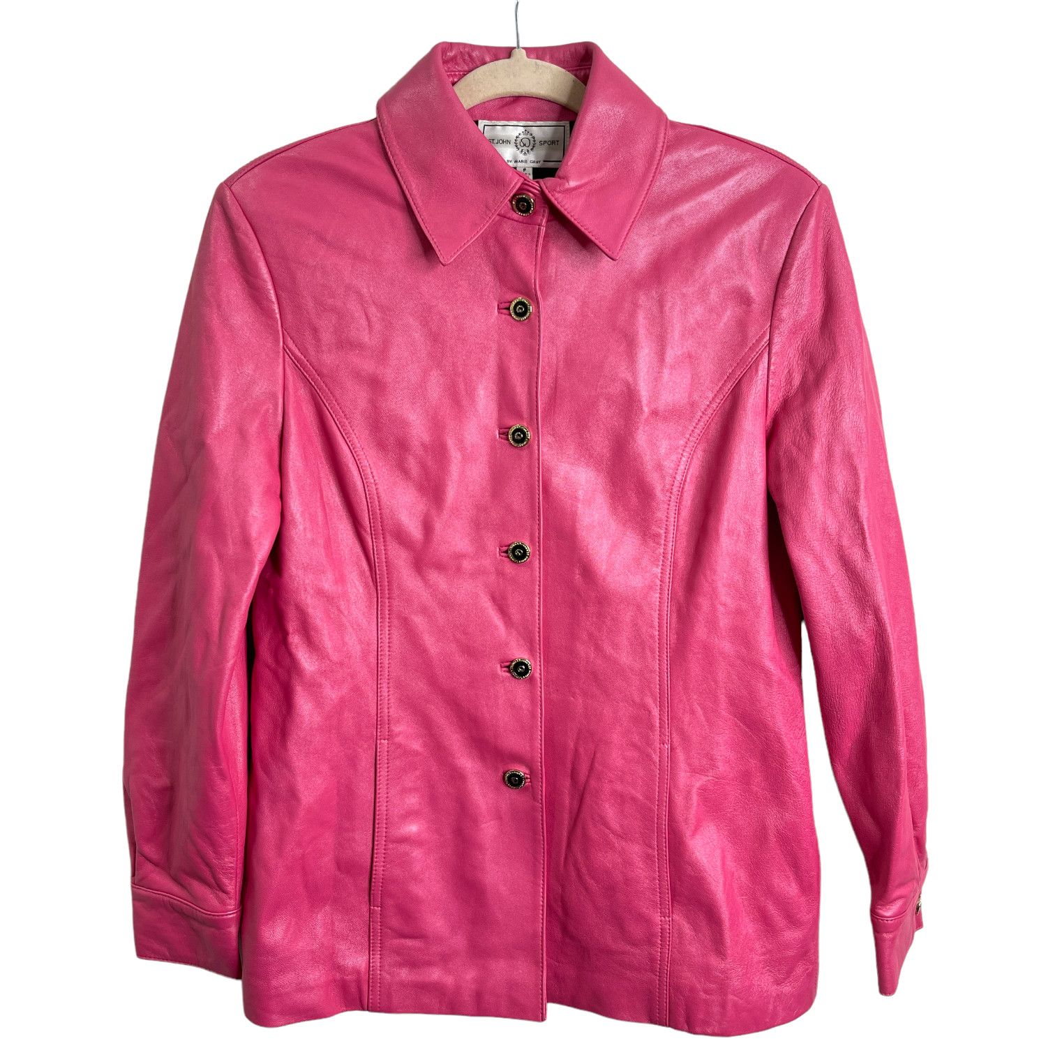 image of St John Couture St John Pink Leather Short Jacket Blazer Gold Buttons Small, Women's