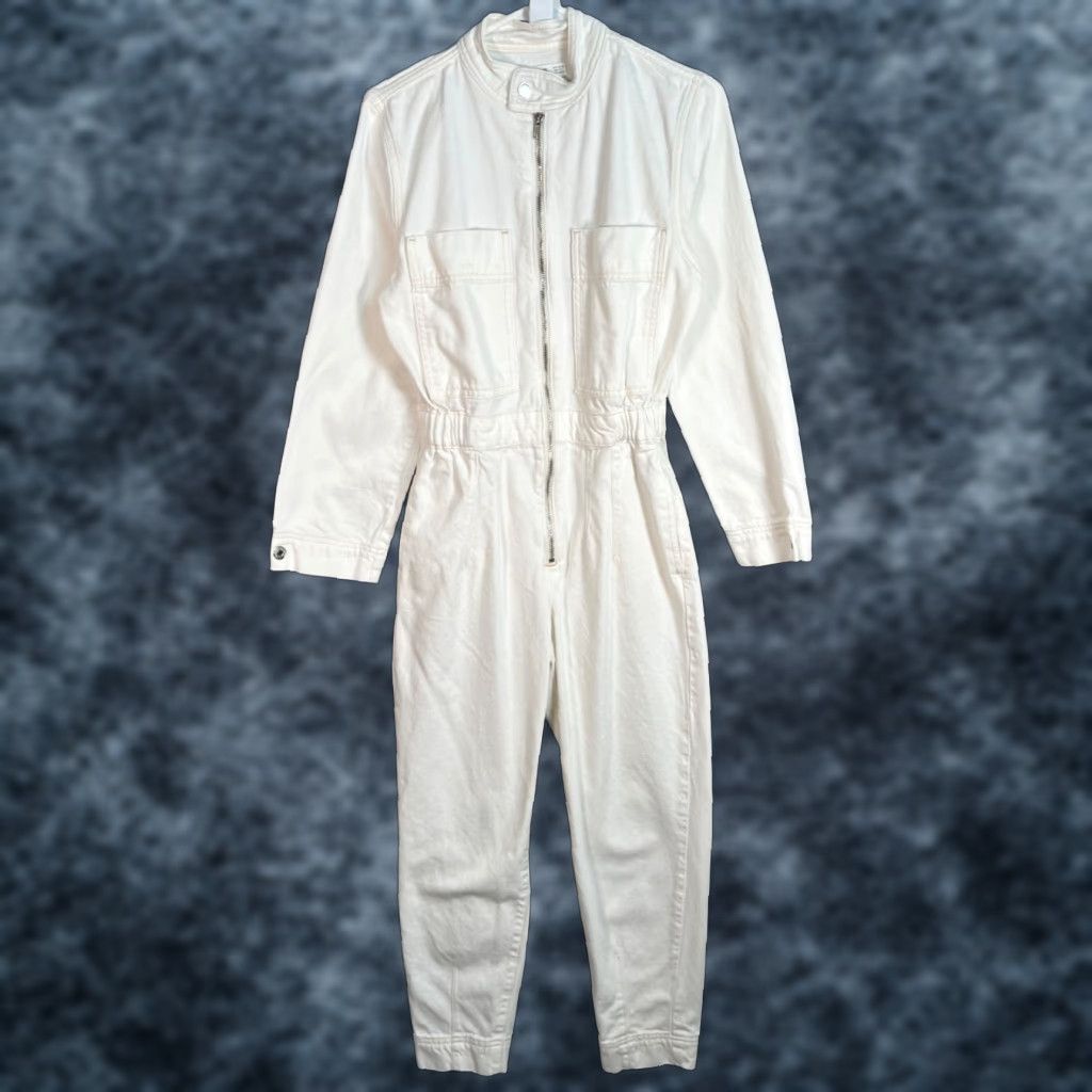 Mango Mango Jumpsuit Denim White 100% Cotton Elastic Waist Womens XS Regular Mature Size 26" / US 2 / IT 38 - 1 Thumbnail