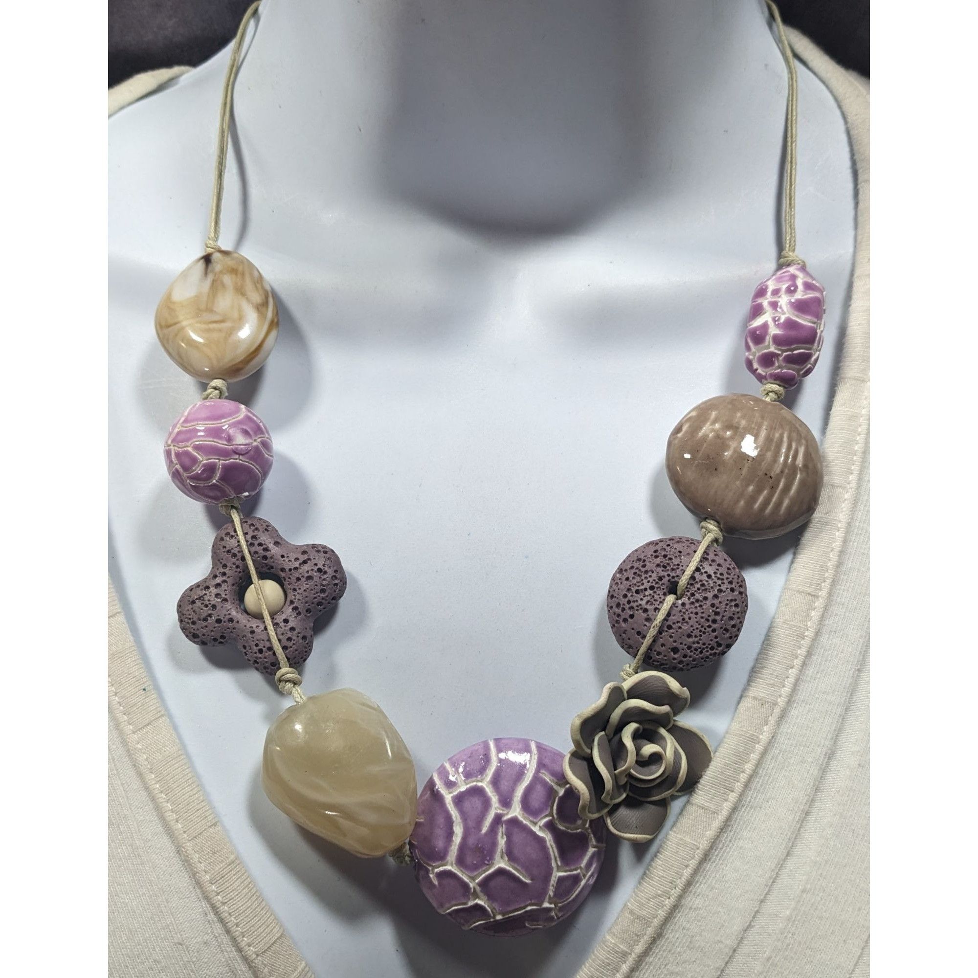 Other Cottagecore Floral Purple And Grey Mixed Media Statement Nec Size ONE SIZE - 4 Thumbnail
