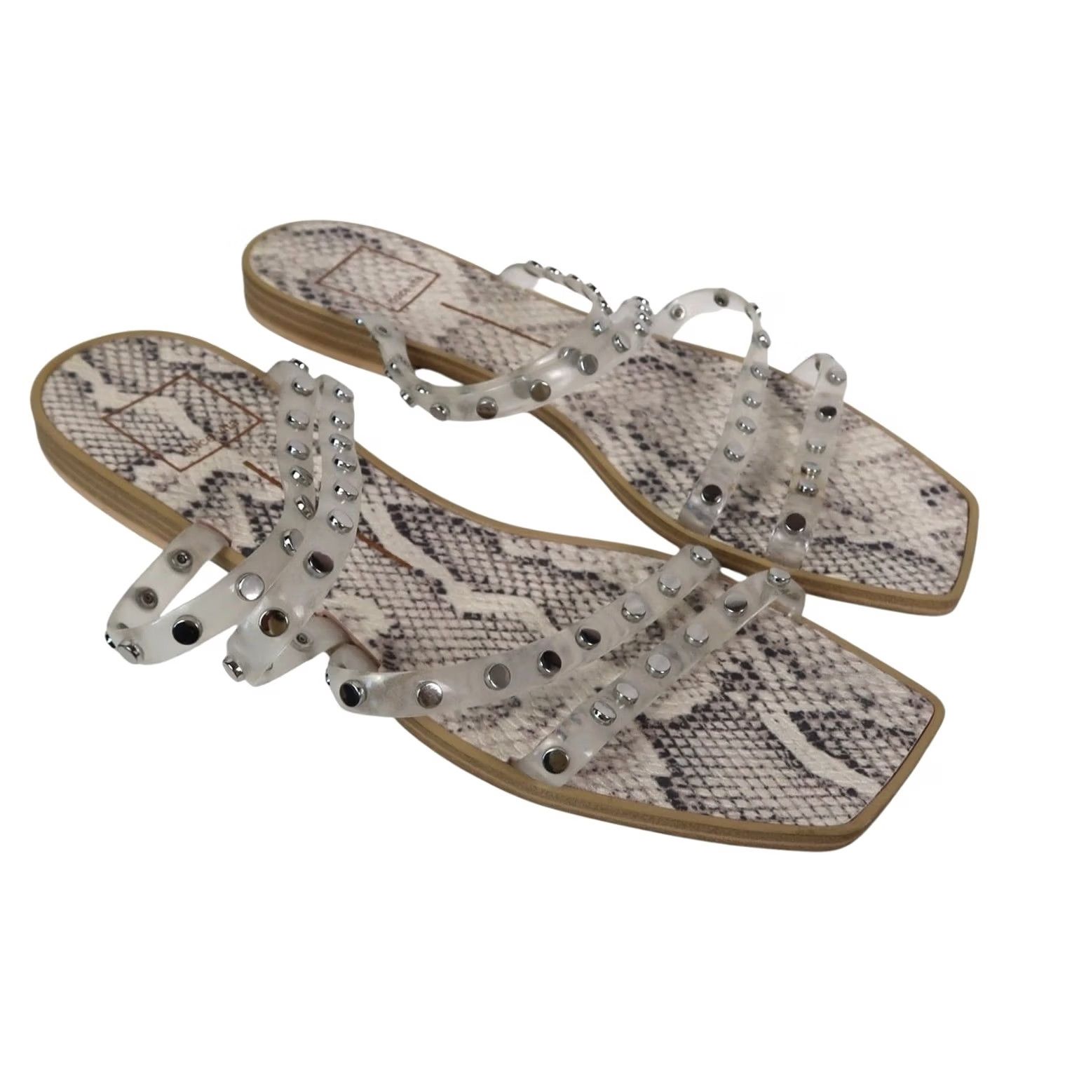 Dolce Vita Dolce Vita Izabel Studded Sandals Clear Vinyl Straps Snake Print Sandal Womens 9 Cream Slip-On Casual Flat Spring Summer Size US 9 / IT 39 - 3 Thumbnail