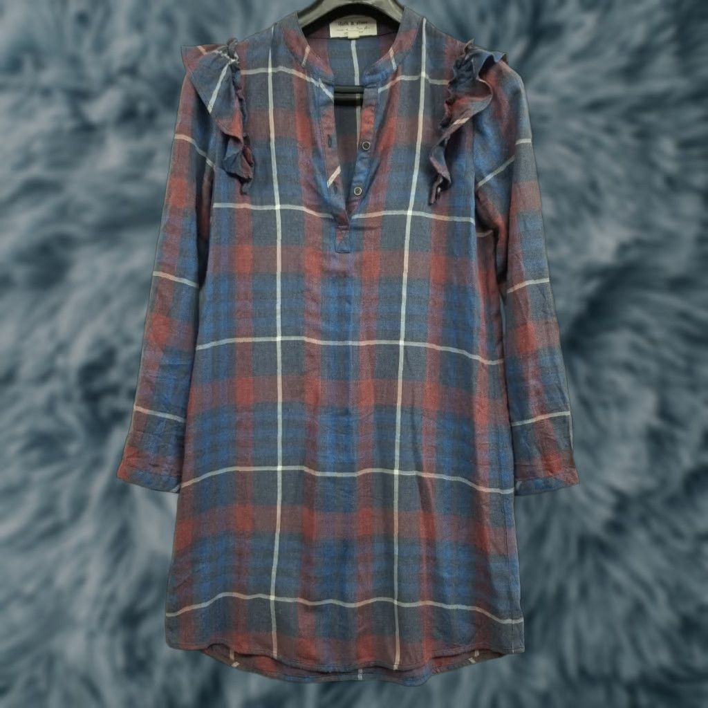 CLOT Cloth & Stone Womens XS Dress Tunic Short Sleeve V-Neck Tencel Lyocell Chambray Plaid Multicolor Roll Tab Sleeve Casual Size XS / US 0-2 / IT 36-38 - 1 Thumbnail