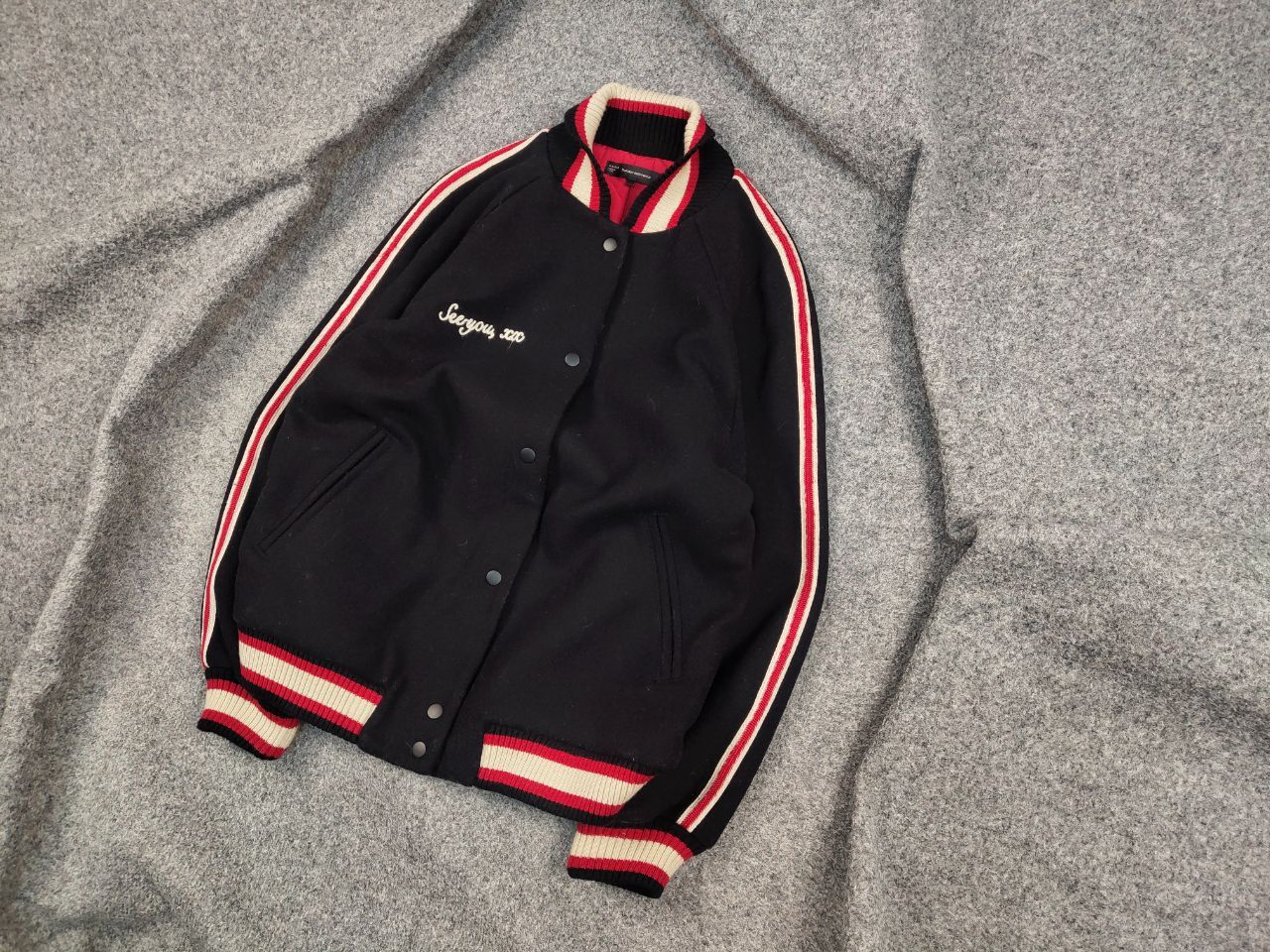 Japanese Brand Vintage Varsity Bomber Wool Black logo Jacket Japan Style Size US M / EU 48-50 / 2 - 2 Thumbnail