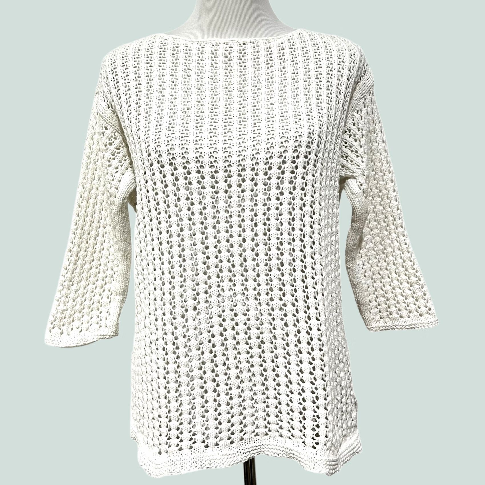 J. Jill J Jill Sweater White Open-Knit Crochet 3/4 Sleeve Cotton Blend S Womens Shirt Knit pullover Classic Coastal Preppy Beach Cottage Size S / US 4 / IT 40 - 1 Thumbnail