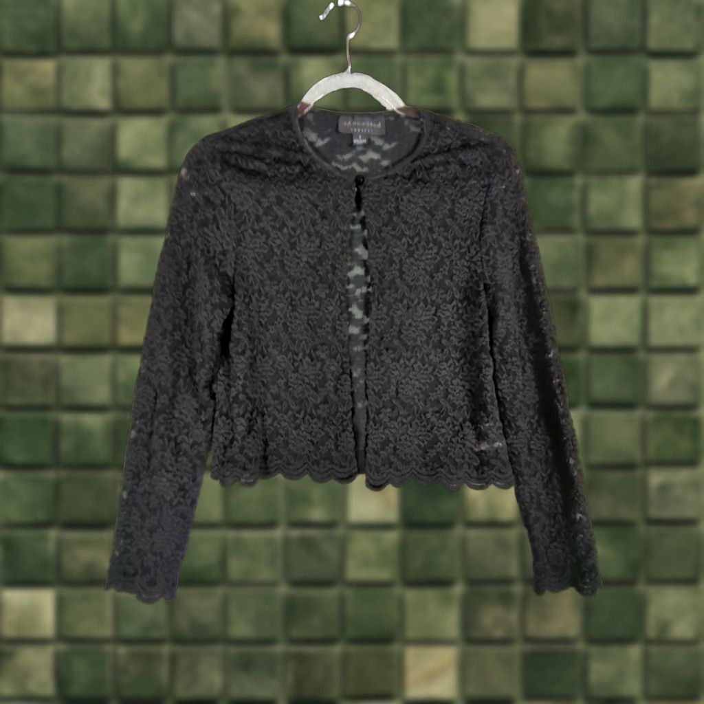 Vintage VINTAGE Connected Apparel Black Lace Cardigan Top Cropped Sheer Round Neck Long Sleeve Button Scallop Edge Gothic Witchy 90s Y2K Womens Size S Size S / US 4 / IT 40 - 1 Thumbnail