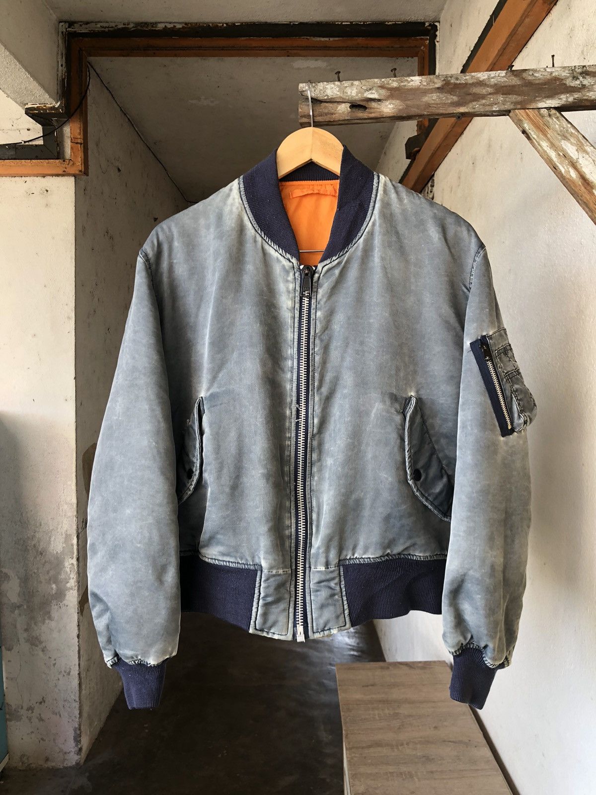 image of Military x Vintage VTG 90's Wrangler Distressed Reversible Flying Bomber Jacket in Grey (Size Mediu