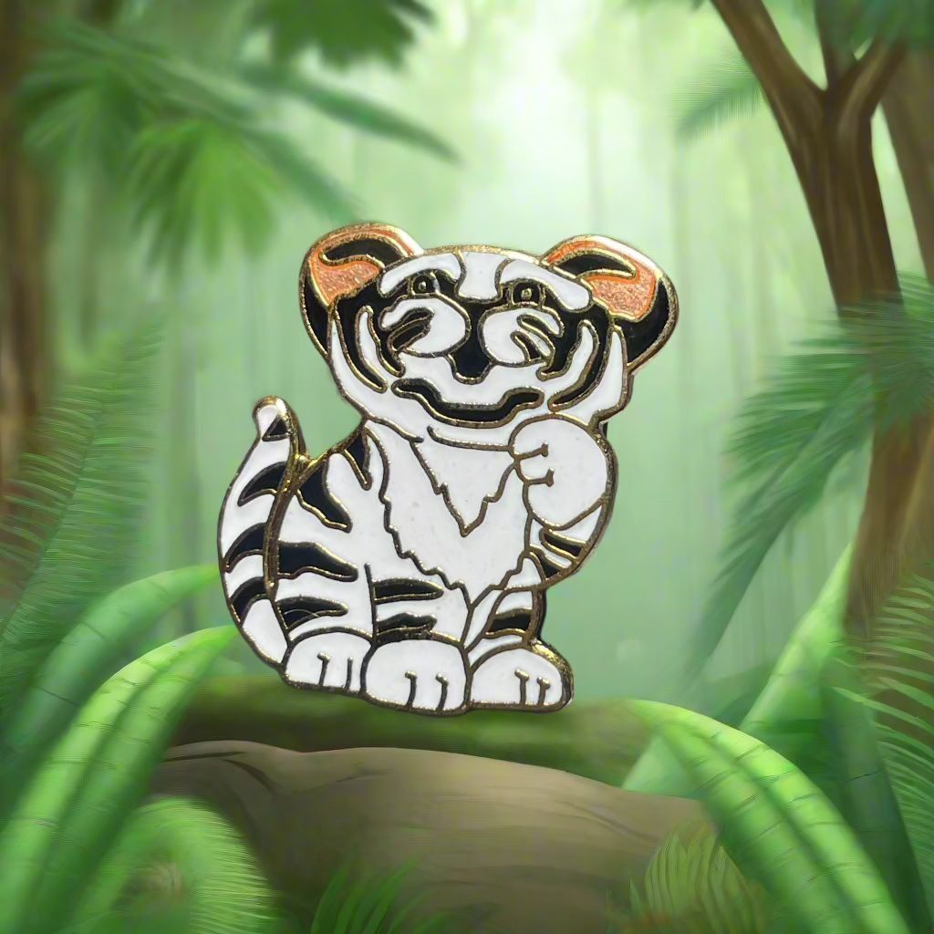Vintage White Tiger with Black Stripes Enameled Brooch Pin Vintage Size ONE SIZE - 1 Thumbnail