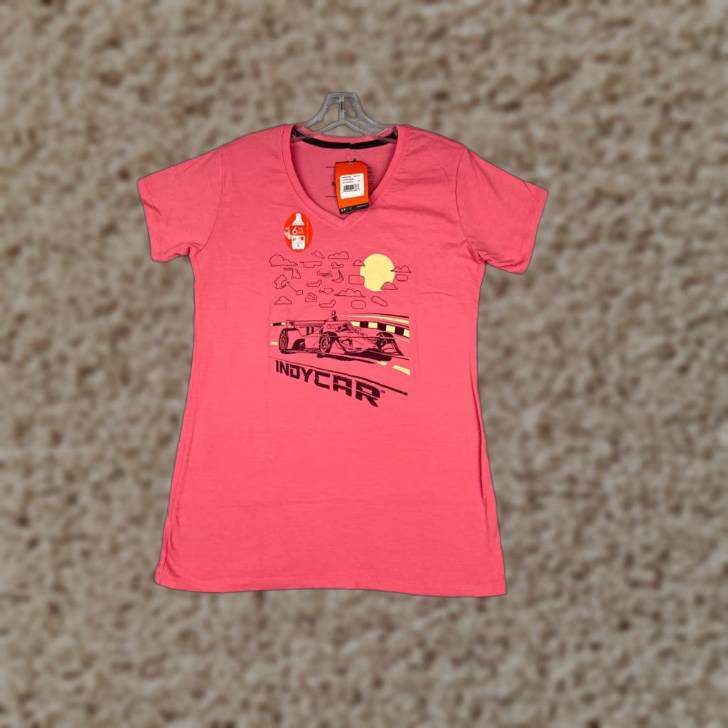 Pinko Kastfel Indycar Shirt Womens Small Pink Indy Racing Short Sleeeve V-Neck Polycotton Tag T-Shirt Casual Size S / US 4 / IT 40 - 1 Thumbnail