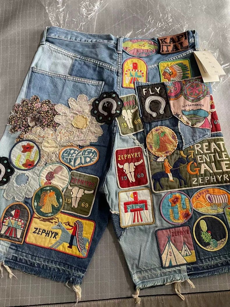 Kapital KAPITAL Embroidered Patchwork Denim Shorts Size US 34 / EU 50 - 1 Thumbnail