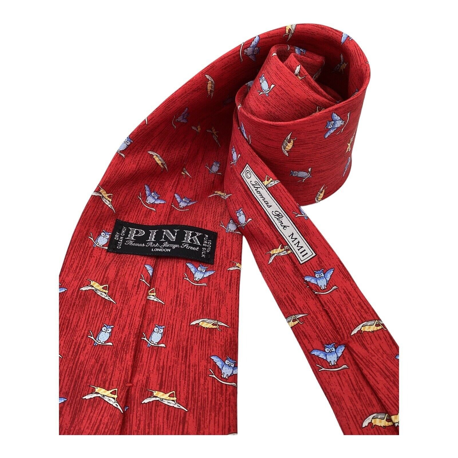 Thomas Pink THOMAS PINK Red Owl & Locust Print Luxury Designer Silk Tie Size ONE SIZE - 3 Thumbnail