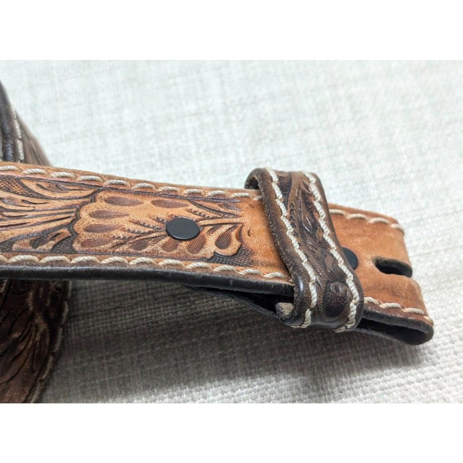 Tony Lama VINTAGE Tony Lama belt TOOLED cowhide leather Western Belt 36 Brown Eagle belt Mens XS? wait Size 36 - 2 Thumbnail