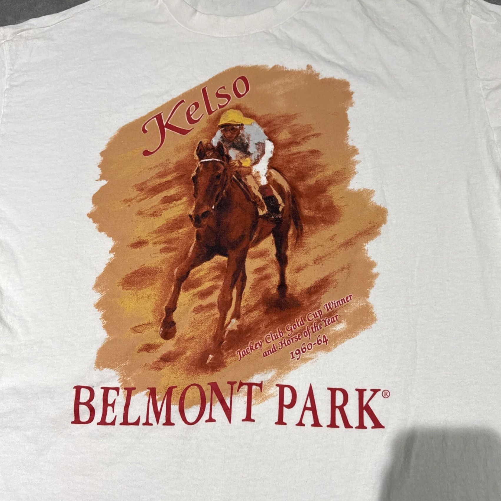 Vintage Kelso Belmont Park Jockey Club Gold Cup Winner 1960-64 Adult White XL TShirt Size US XL / EU 56 / 4 - 2 Thumbnail