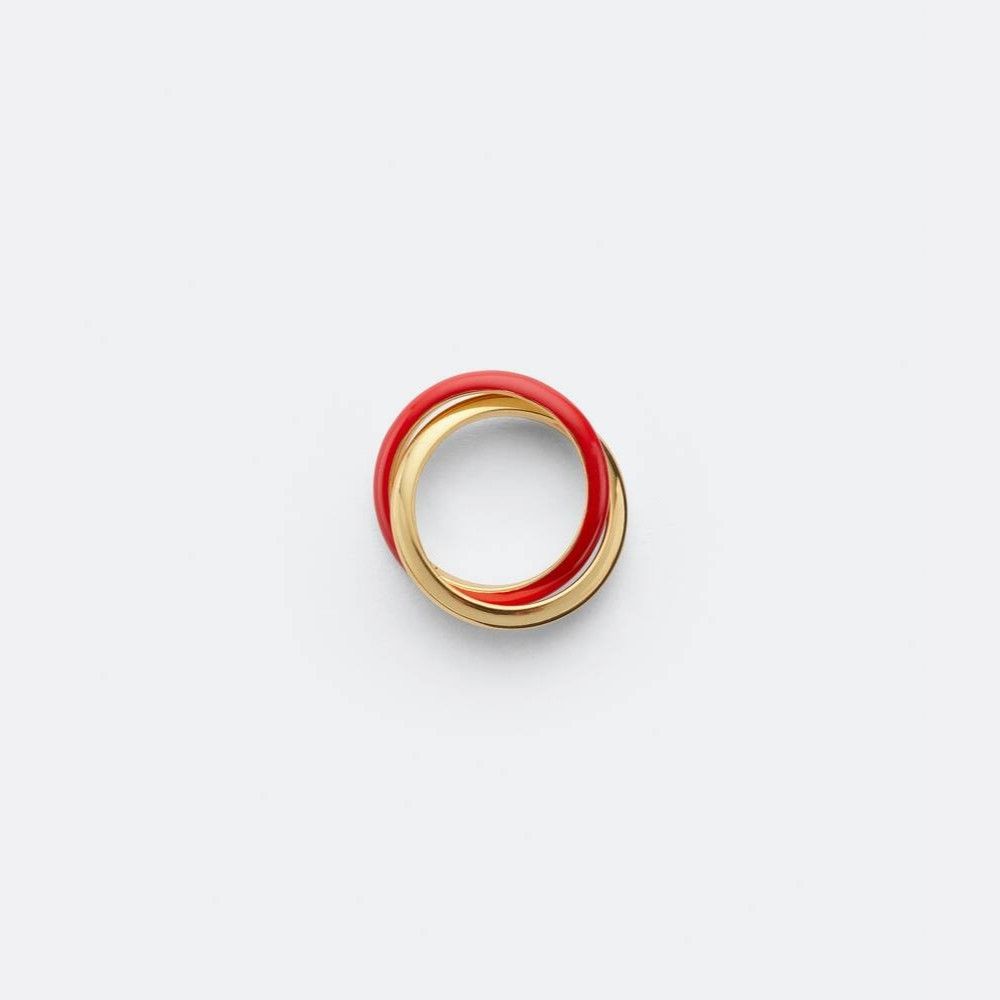 Bottega Veneta Essentials Gold And Red Enamel Interlocking Rings Size ONE SIZE - 5 Thumbnail