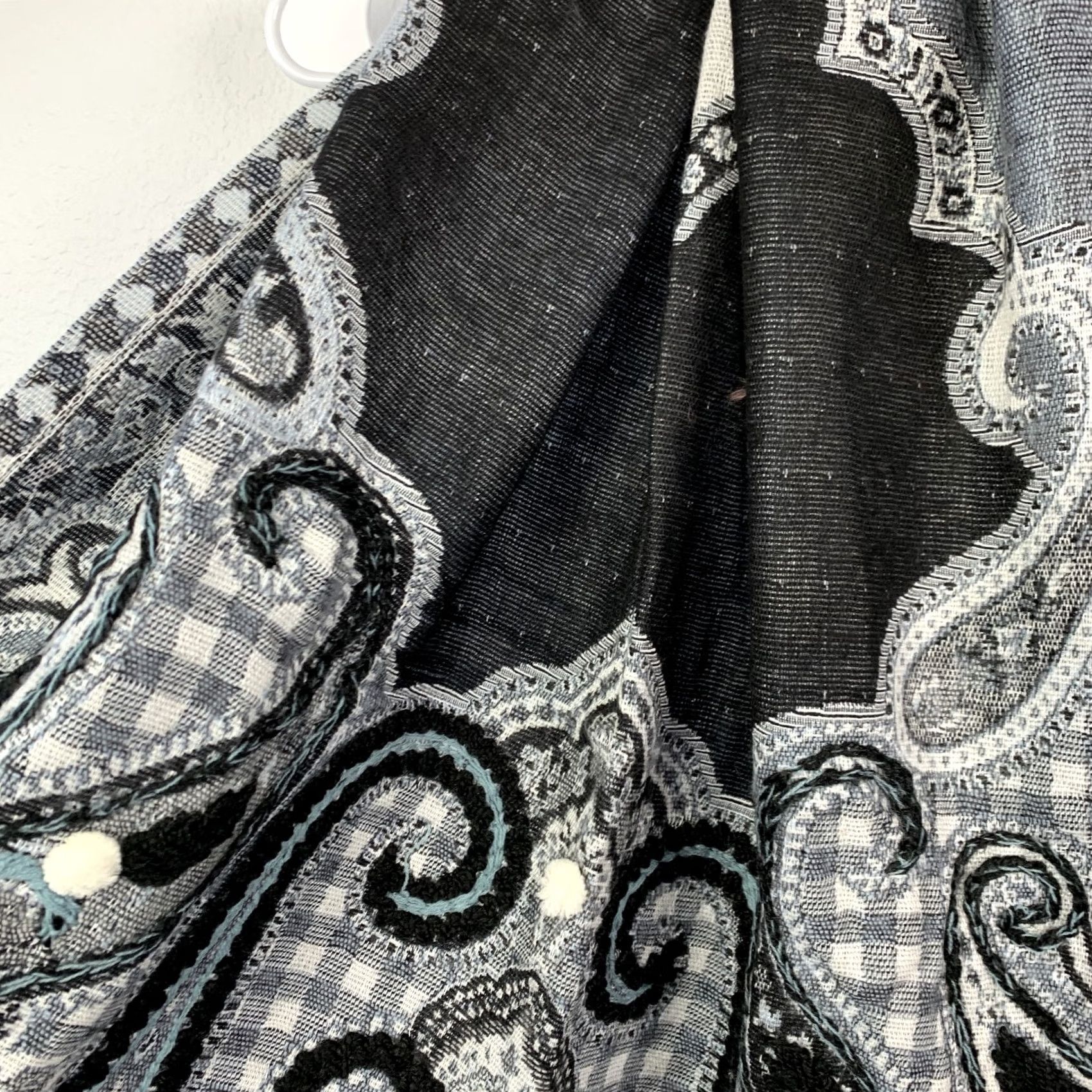 Vintage Shiraleah Chicago Maren Paisley Scarf Wrap Shawl Black Gray Blue Pom-Poms Fringe Women 75 in 28 in Knit Acrylic Modal Lightweight Hand Wash Only N/A Size ONE SIZE - 4 Thumbnail