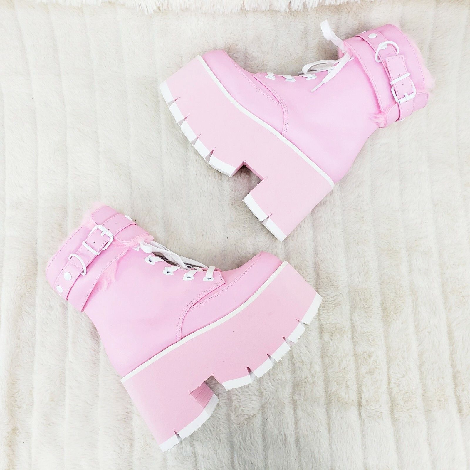 Other Ashes 57 Pink Heart Studs 3.5" Platform Goth Boots Fur Lined Size US 7 / IT 37 - 4 Thumbnail