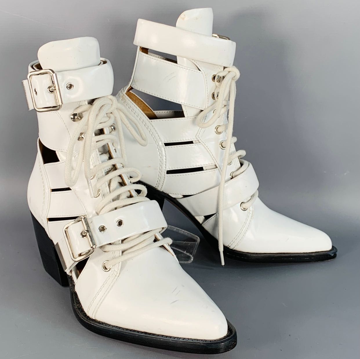 White Leather Lace-Up Belted Pointed Toe Ankle Boots