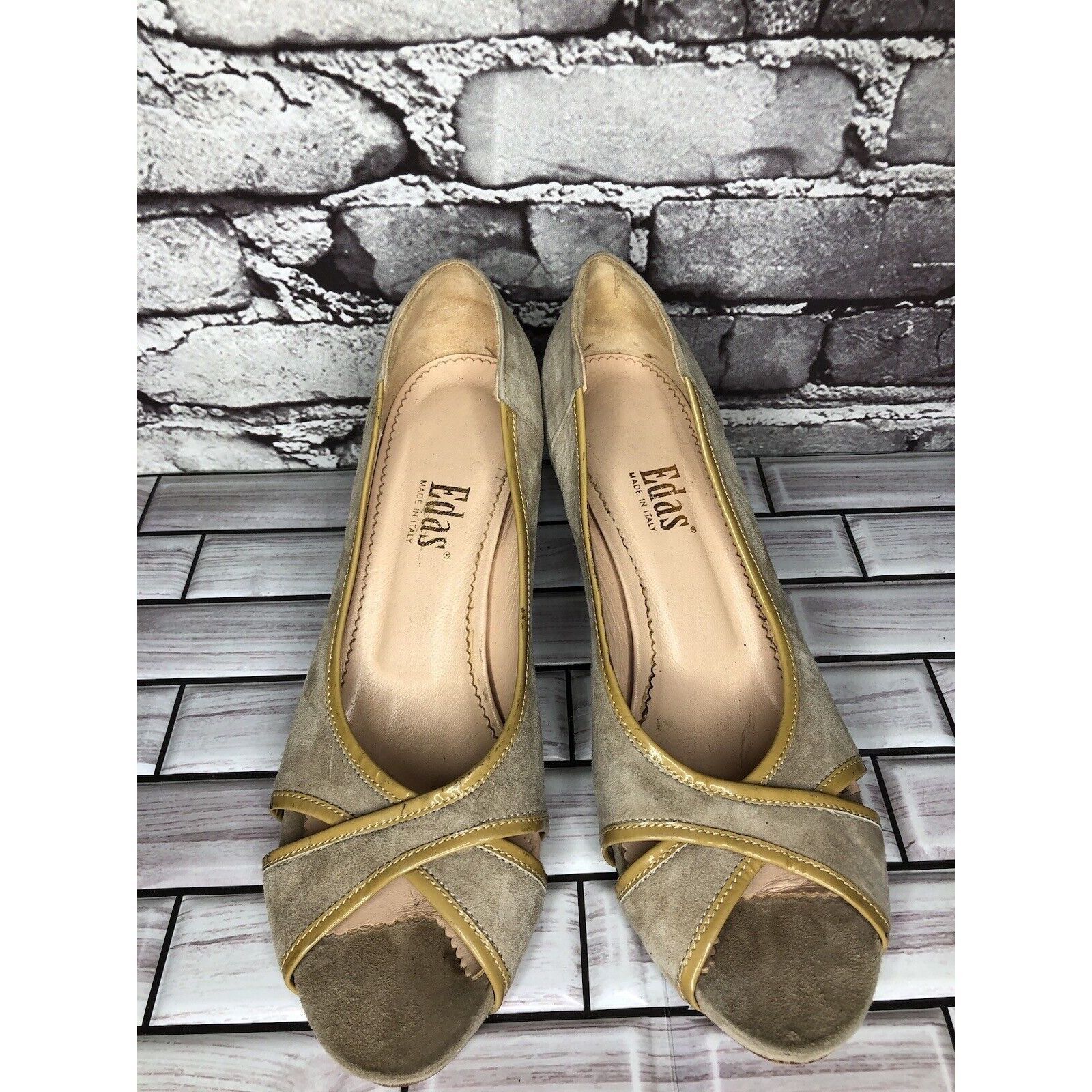 Other Edas Beige Suede Leather Patent Lining Peep Toe Dress Heels Size US 10 / IT 40 - 18 Thumbnail