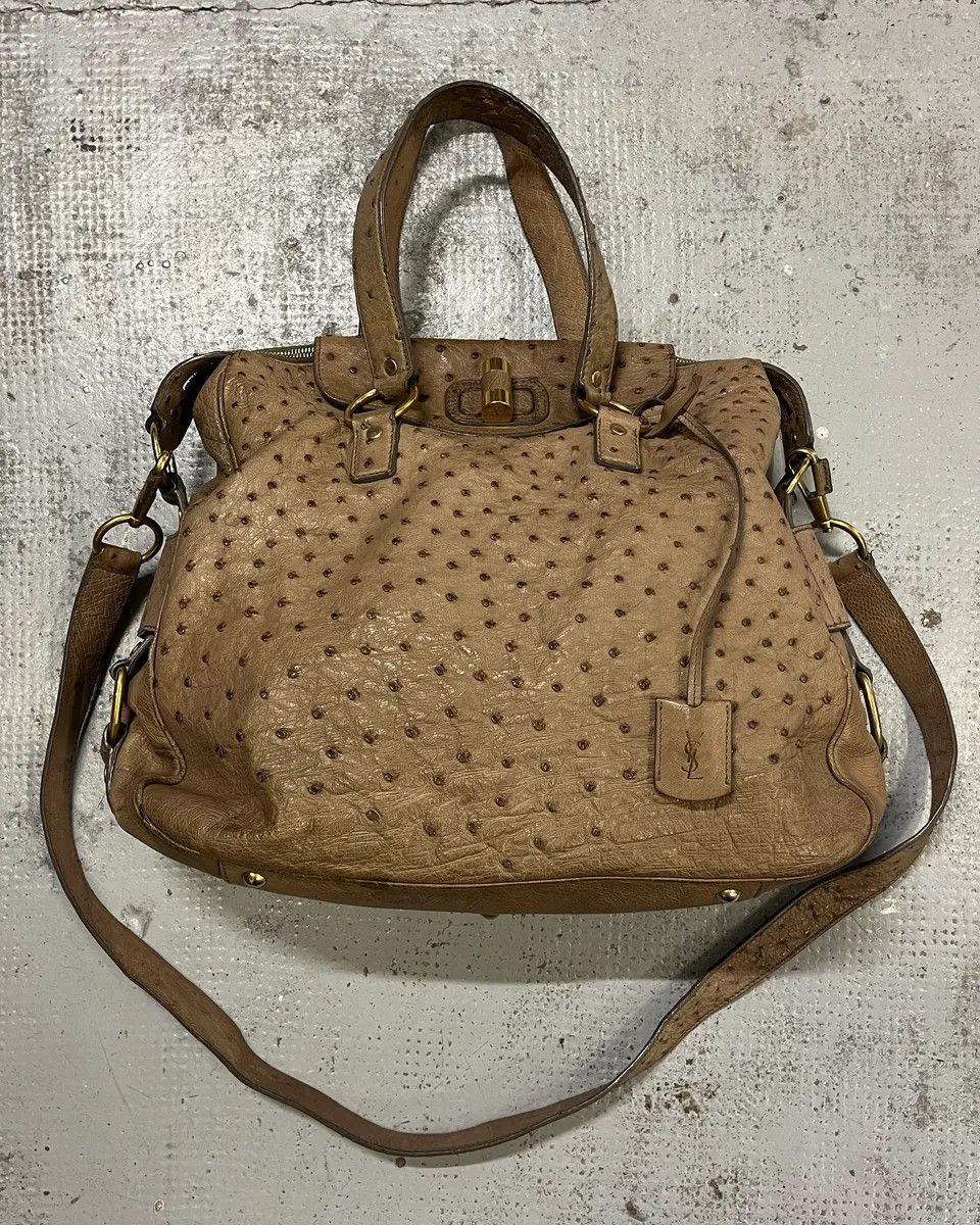 Yves Saint Laurent 2000s Yves Saint Laurent Beige Ostrich Leather Handle Bag Size ONE SIZE - 1 Thumbnail