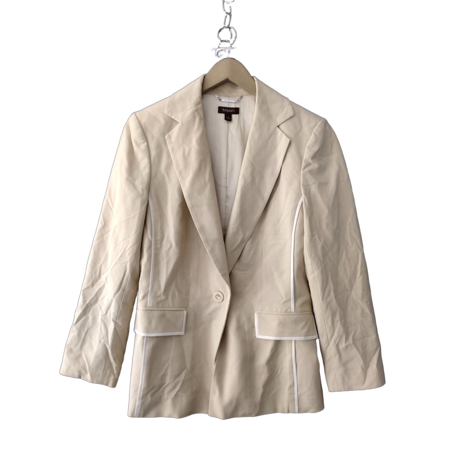 Vintage TESORI Women's Blazer One-Button Western Style Size 8 Beige White Trimmed Shirt Jacket? Size M / US 6-8 / IT 42-44 - 1 Thumbnail