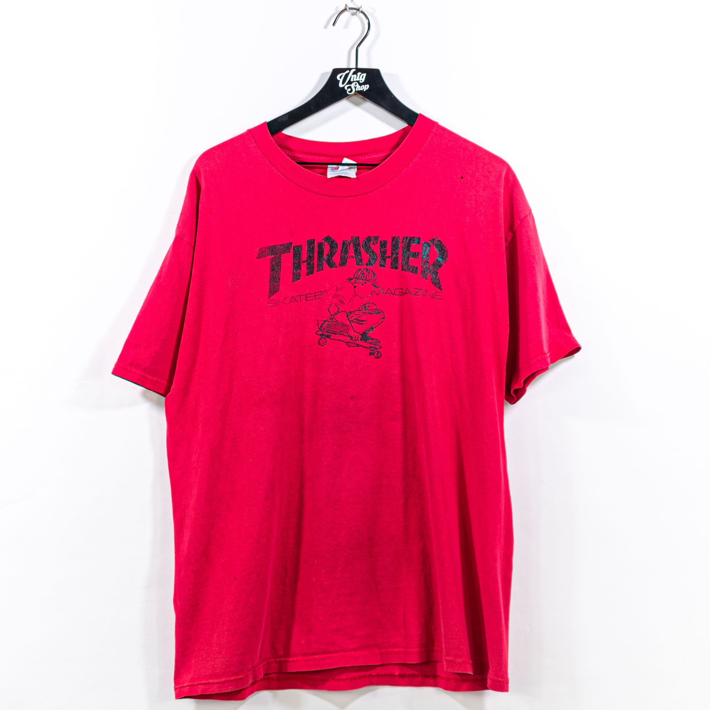 image of Archival Clothing x Thrasher Skateboard Magazine Promo Logo T-Shirt VTG 90's in Red, Men's (Size XL