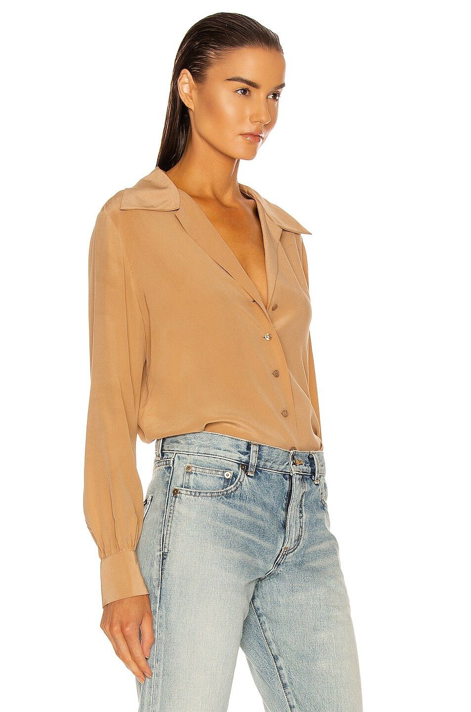 Saint Laurent Paris o1tp1o0125 Open Collar Blouse In Crepe in Beige/Rose Size S / US 4 / IT 40 - 2 Thumbnail
