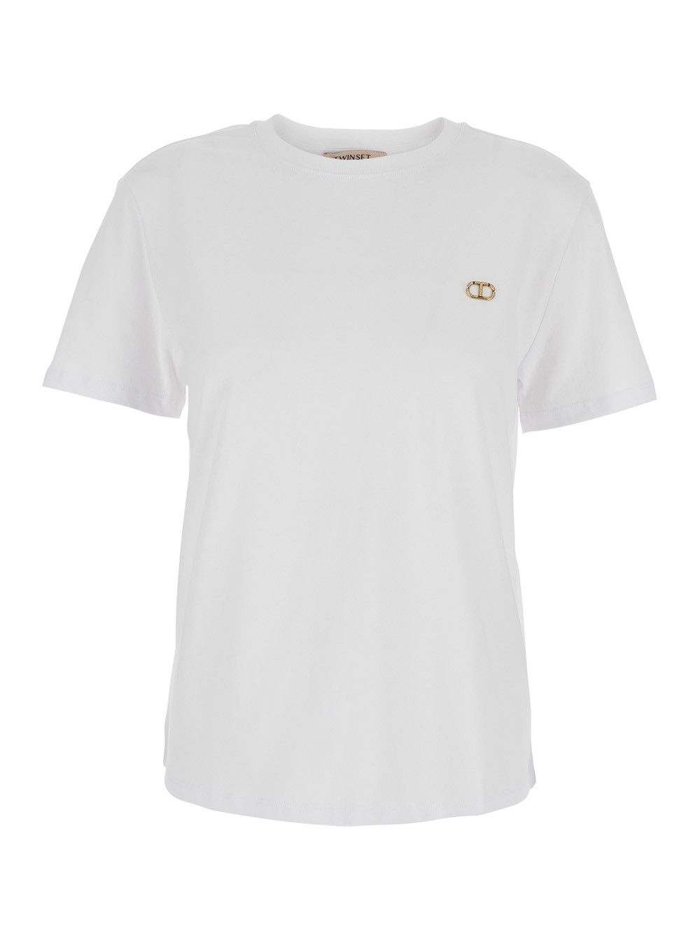 TWINSET White T-Shirt with Metallic Logo Plaque on the Front in Cotton Woman Size M / US 6-8 / IT 42-44 - 1 Thumbnail