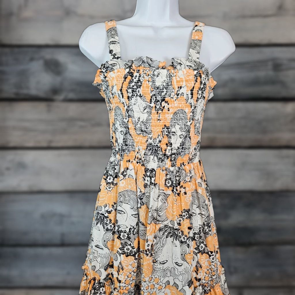Modcloth Womens Boho Maxi Dress On The Range Smocked XS Peach White Faces