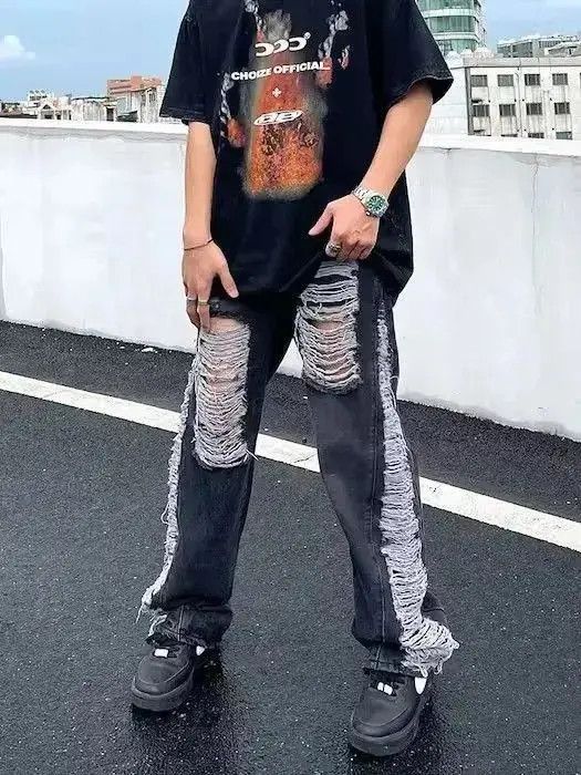 Japanese Brand Black Distressed Baggy Denim Jeans Size US 32 / EU 48 - 4 Thumbnail