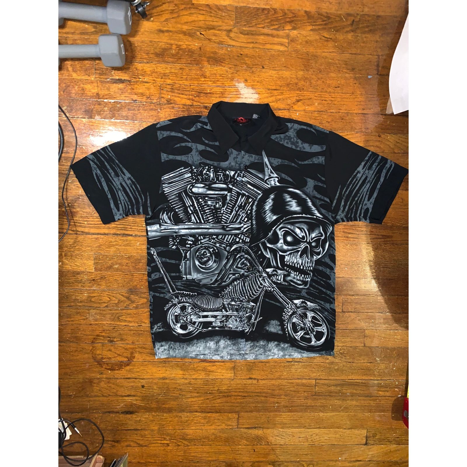 Other × Vintage Vintage Y2K D Clothing Skeleton Chopper Shirt XL Black AOP Size US L / EU 52-54 / 3 - 9 Thumbnail