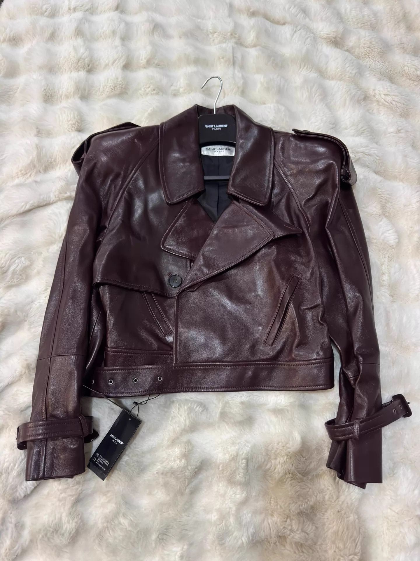 Saint Laurent Paris YSL 23 Runway Short Lambskin Jacket Burgundy F38 Size XS / US 0-2 / IT 36-38 - 1 Thumbnail
