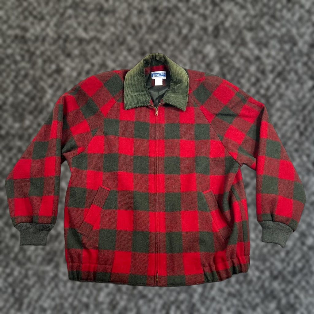 Pendleton VINTAGE Pendleton Knockabout Jacket L Red Green Plaid Wool Zip Up Corduroy Collar Size US L / EU 52-54 / 3 - 1 Thumbnail