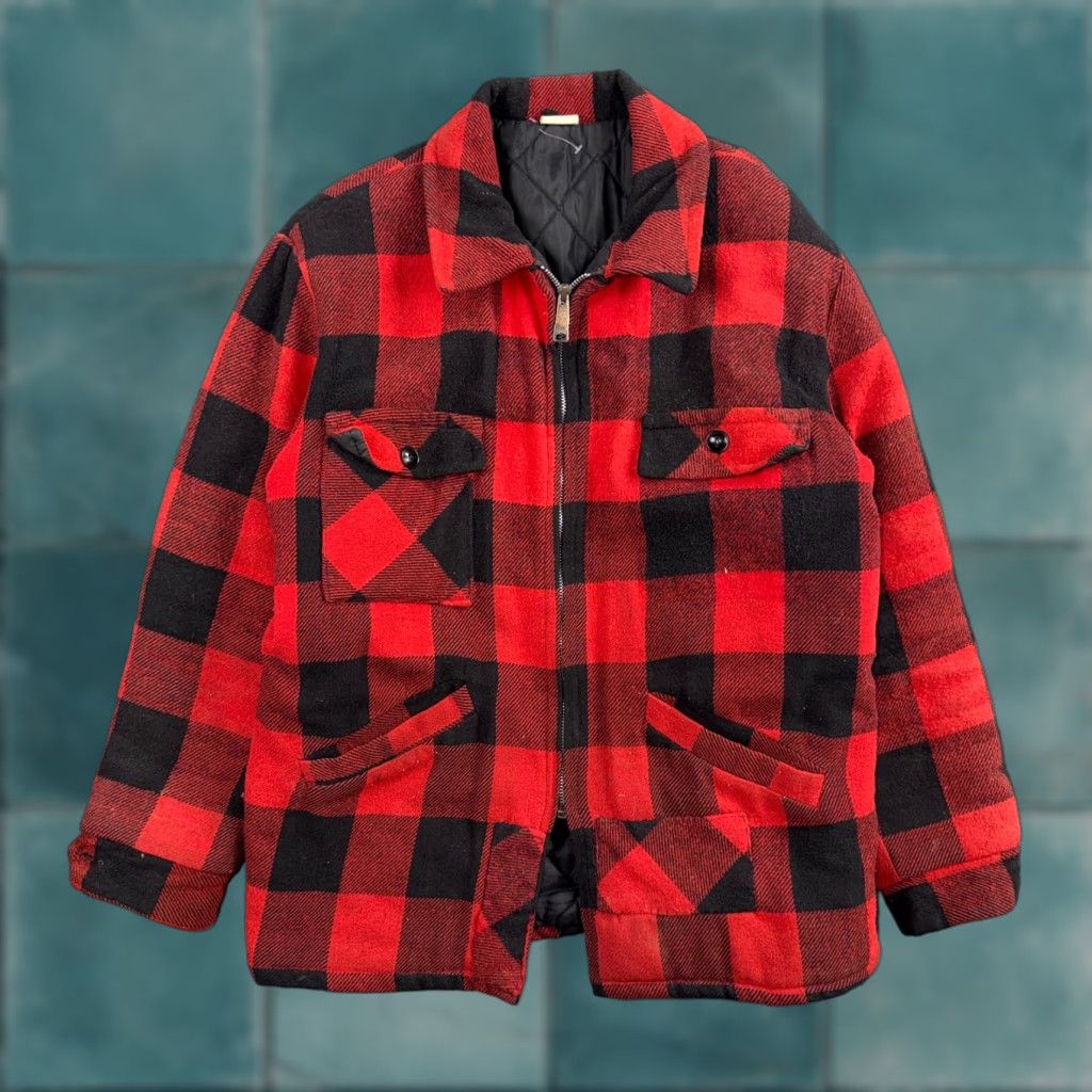 VINTAGE Mackinaw Jacket Buffalo Plaid Cotton Lined Insulated Zip Up Men M Red 1960s 60s Winter Coat Mens