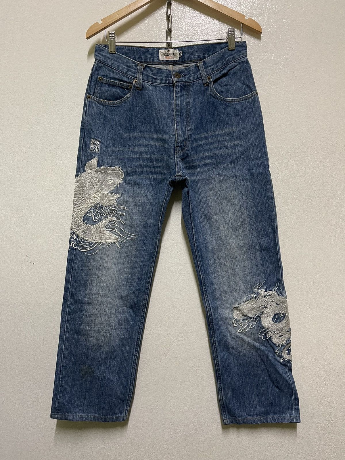 image of Vintage Karakuri Tamashi Koi Fish Motive Embroidery Jeans in Blue, Men's (Size 30)