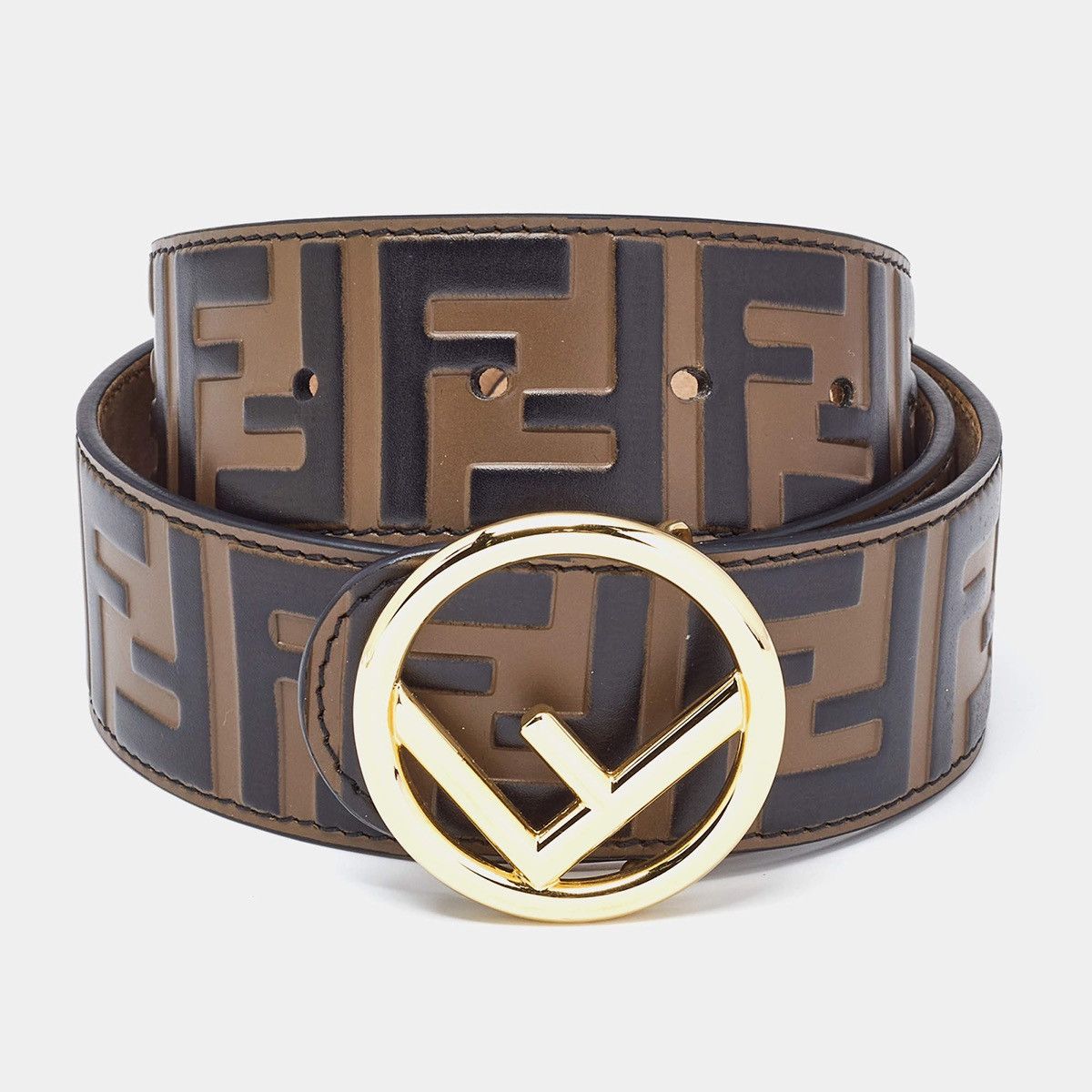 Fendi Fendi Brown Zucca Embossed Leather F Logo Round Buckle Belt Size ONE SIZE - 1 Thumbnail