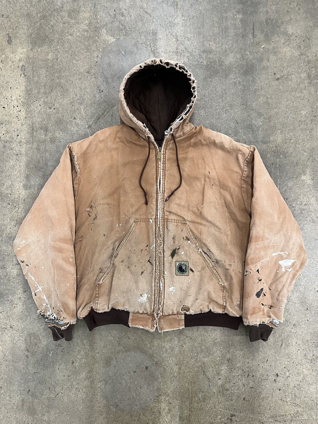 image of Carhartt x Vintage Berne Thrashed/painted Tan Hooded Workwear Jacket L, Men's (Size Large)