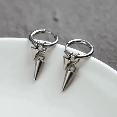 Jewelry × Sterling Silver × Vintage Stainless Steel Geometry Triangle Cone Drop Earrings for Men Size ONE SIZE - 4 Thumbnail