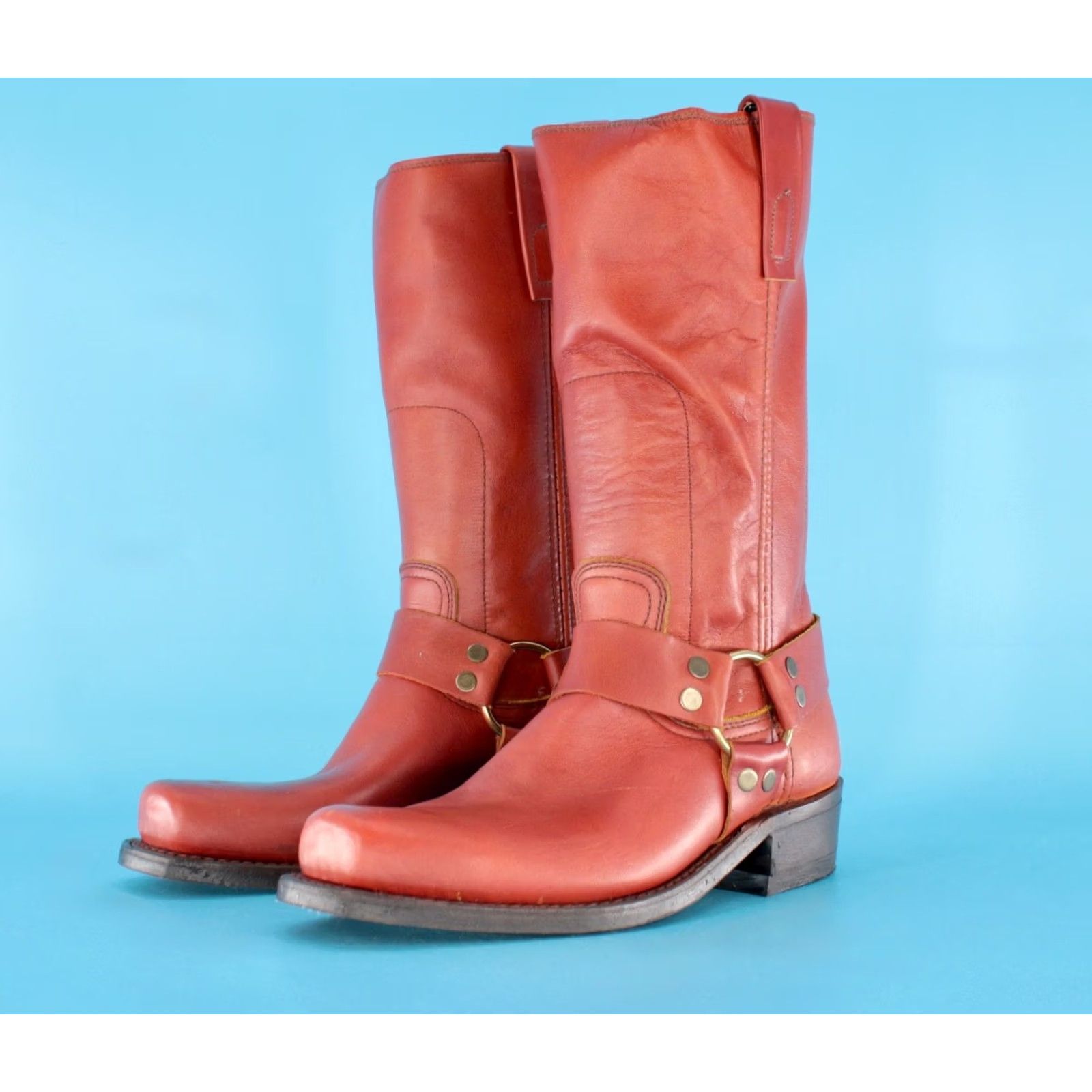 Vintage VTG 70s Boots Texas Boots Mens VTG 70s Red Brown Harness Boots Sz 7 D Leather Cowboy Motorcycle Biker Size US 7 / EU 40 - 3 Thumbnail