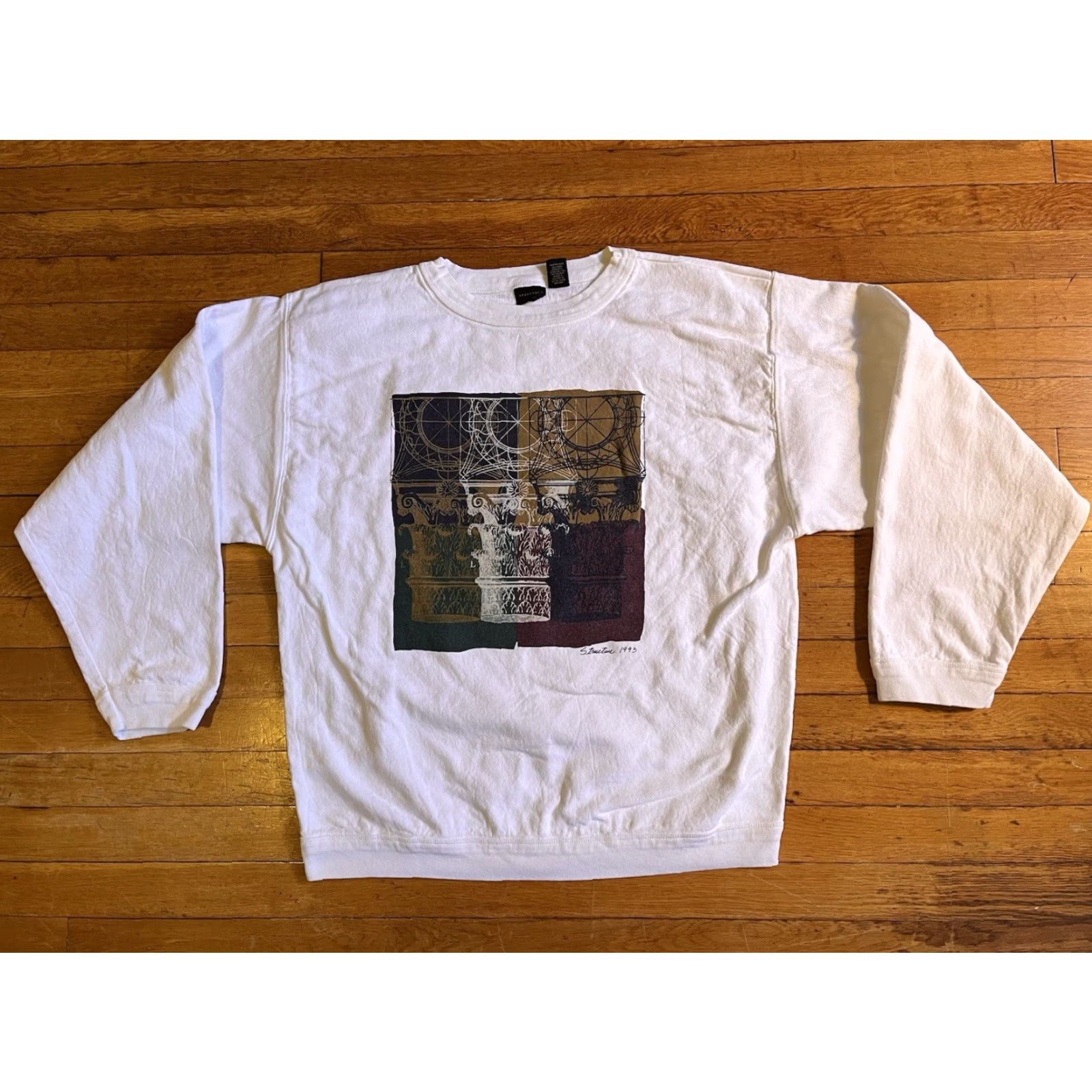 Vintage VINTAGE Structure Graphic Print Long Sleeve Shirt Men’s M White 90s 1993 Cotton Jersey Crew Neck 1990-1999 T-Shirt Mens Regular XL Size US XL / EU 56 / 4 - 2 Thumbnail
