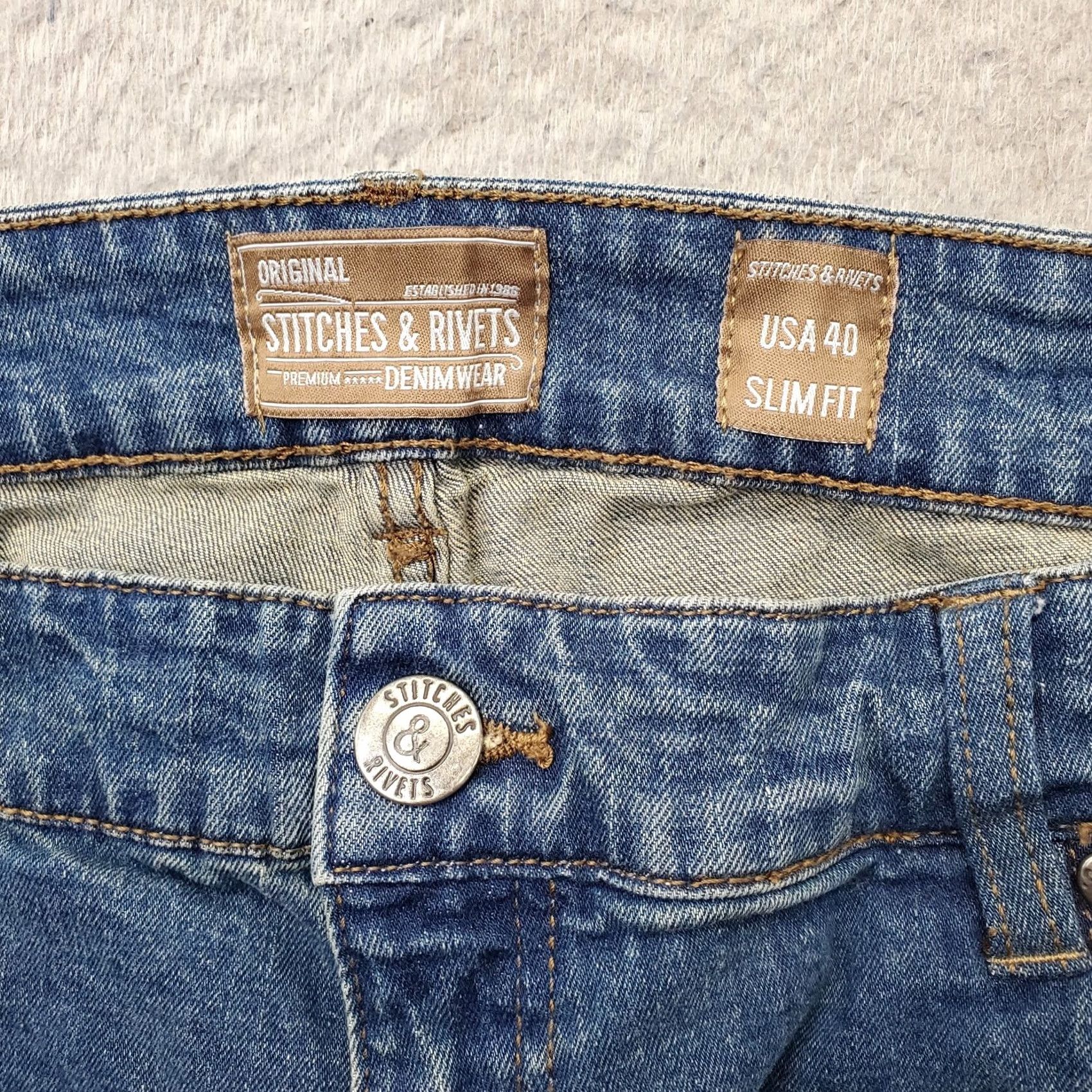 Vintage Stitches & Rivets Jeans Mens 40x32 Blue Denim Slim Straight Leg Wear 5-Pocket Size US 40 / EU 56 - 7 Thumbnail
