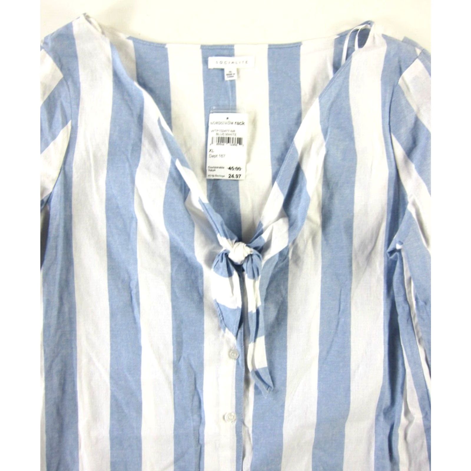 Vintage VINTAGE NWT Socialite Blouse 100% Cotton White Blue Stripe V-Neck Button Long Sleeve XL Size XL / US 12-14 / IT 48-50 - 3 Thumbnail