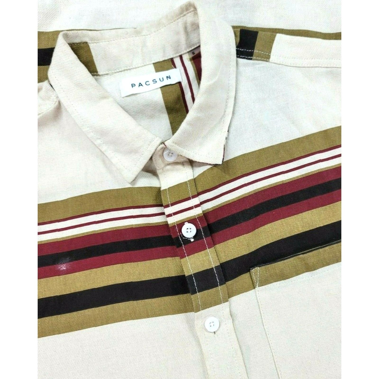 Pacsun Pacsun Mens Button Up Short Sleeve Striped Shirt Small Beige Red Regular Cotton Shirt Mens Size US S / EU 44-46 / 1 - 3 Thumbnail