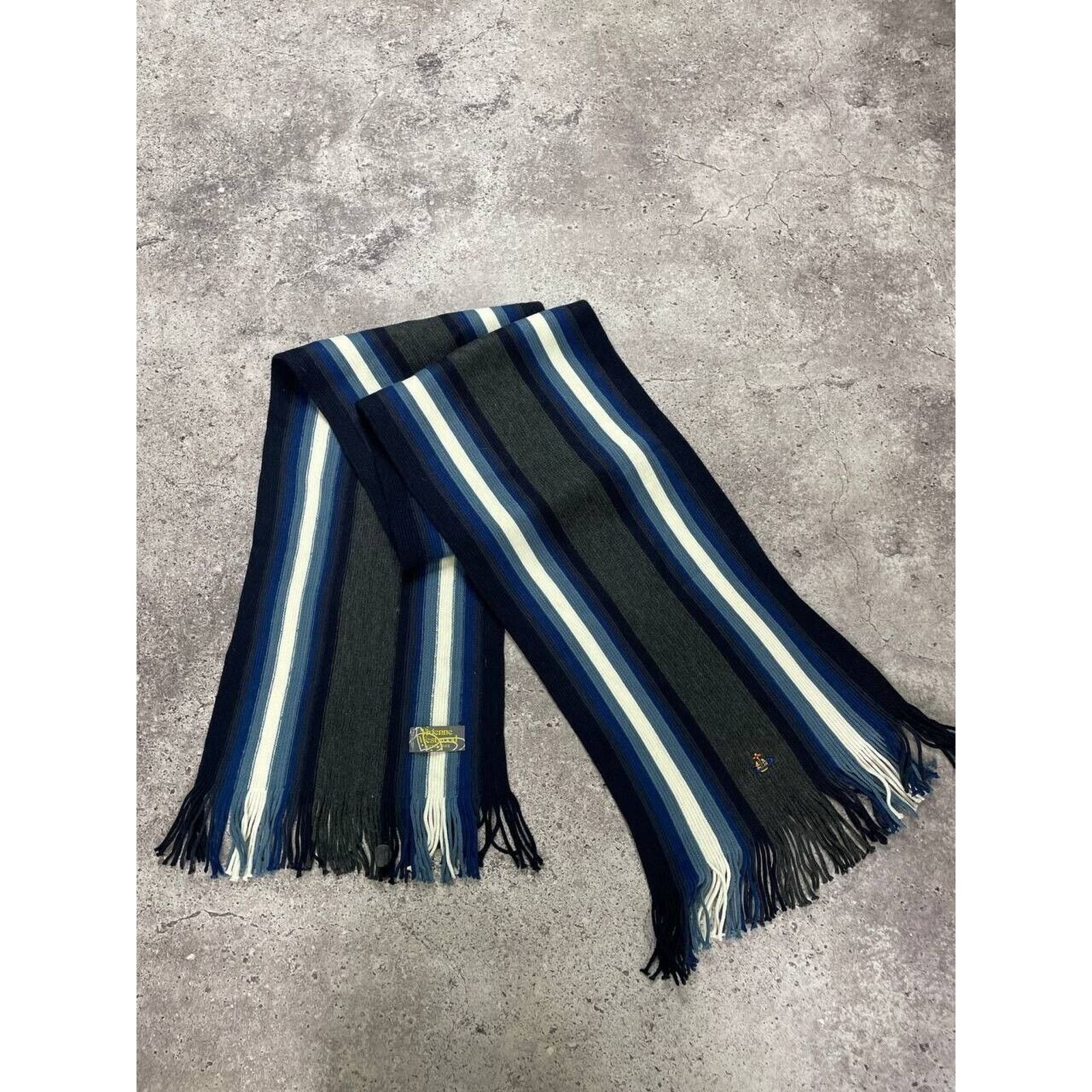 Vintage × Vivienne Westwood Vivienne Westwood Striped Scarf Navy Green Blue Wool Unisex Size ONE SIZE - 3 Thumbnail