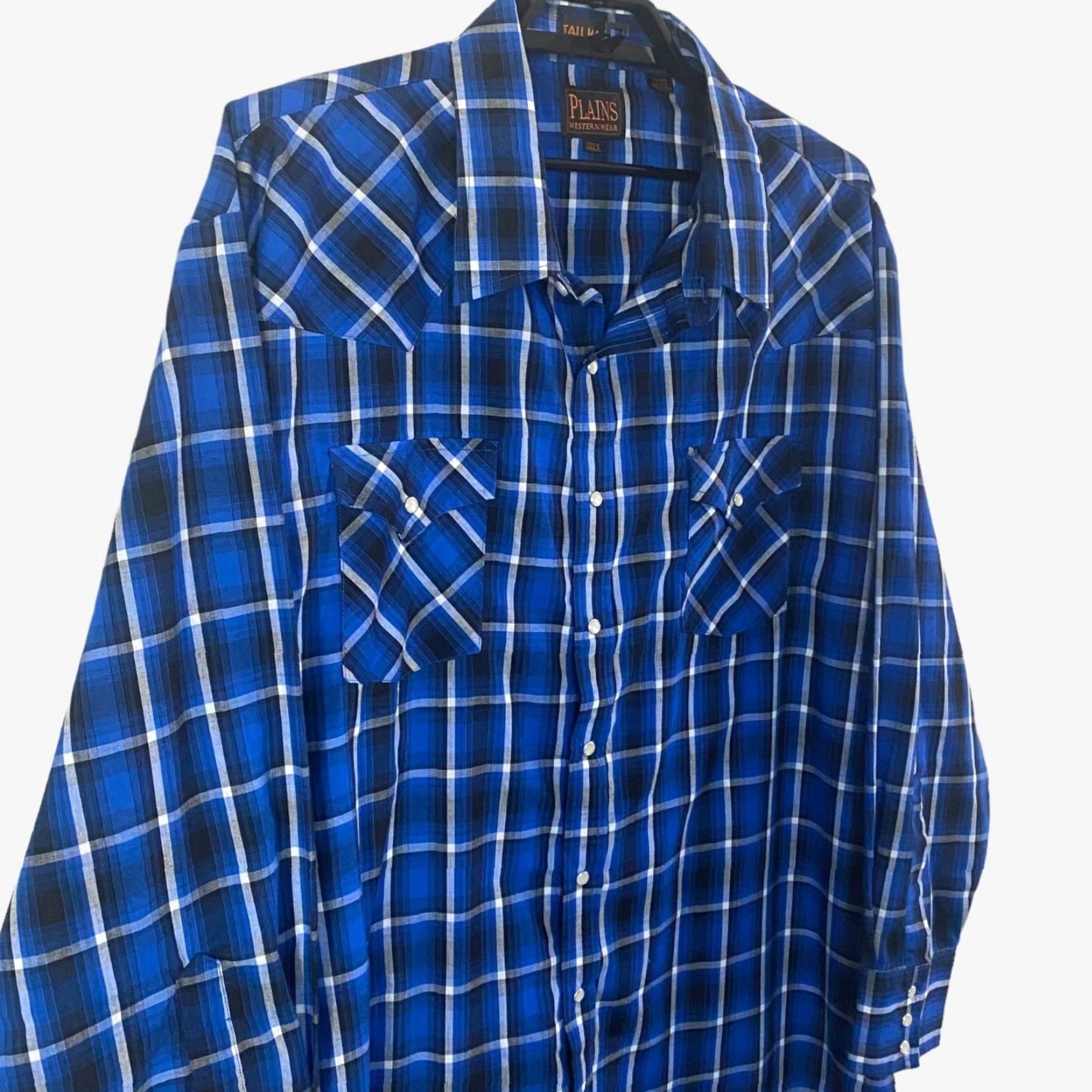 Vintage Plains Western Wear Button-Up Shirt Plaid Blue Long-Sleeve Mens 3XLT Snap Pocket Western Cotton Blend Swingo? Size US XXL / EU 58 / 5 - 4 Thumbnail