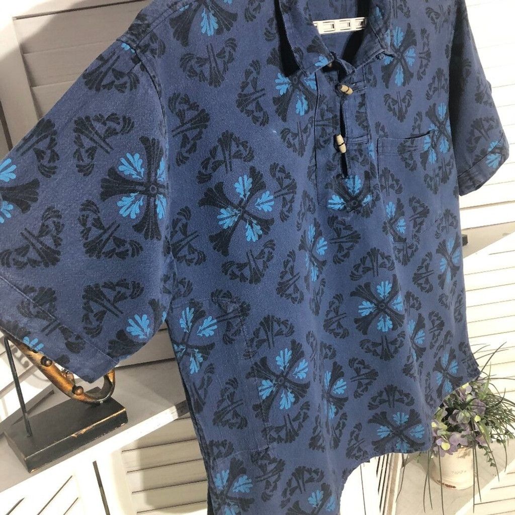Vintage Vintage boho cotton shirt paisley blue short sleeves Sz L Size US L / EU 52-54 / 3 - 3 Thumbnail