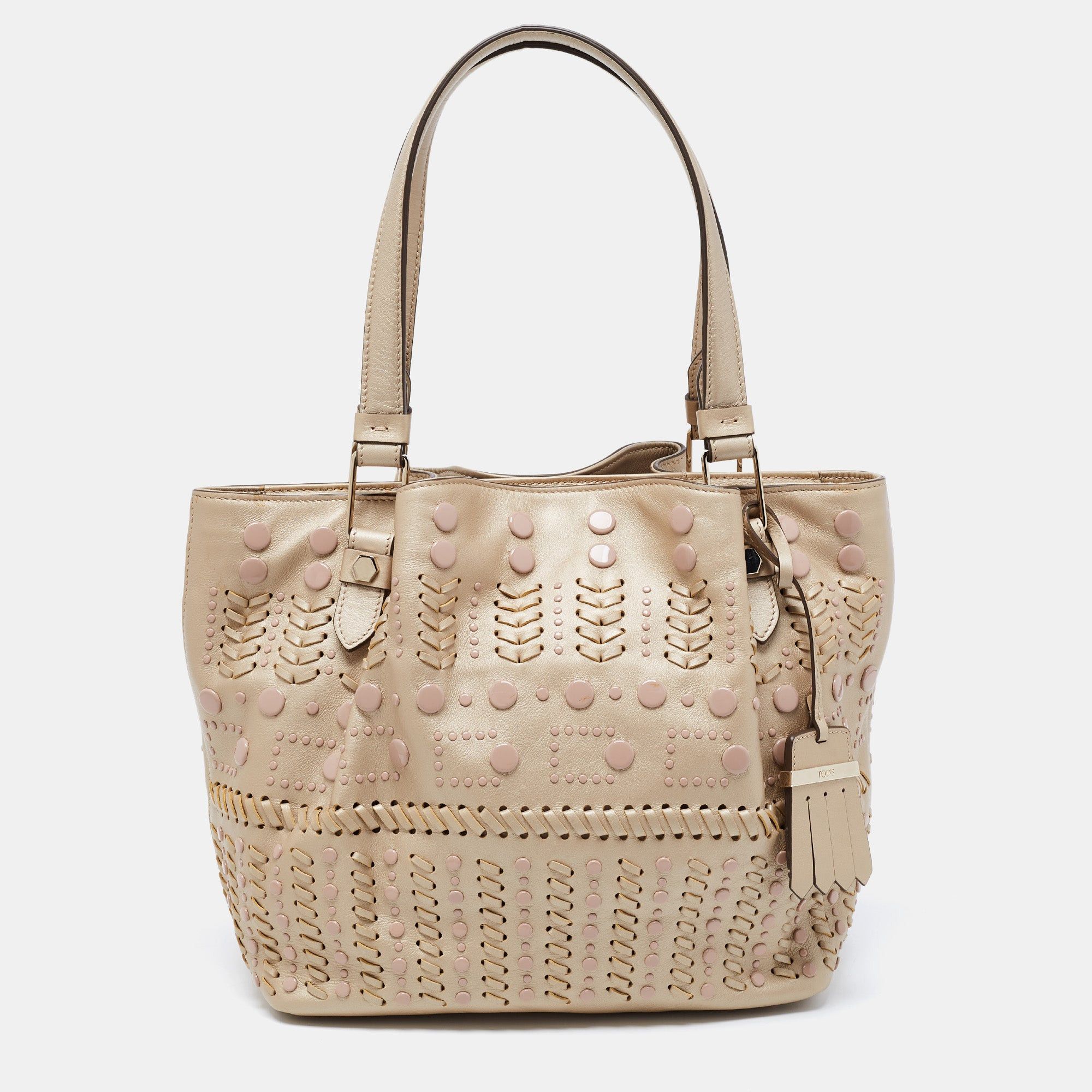 image of Tods Tod's Metallic Beige Leather Small Studded Flower Tote in Black, Women's