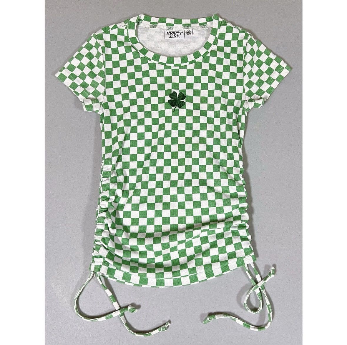 Mighty Healthy Green Checkered Print Shamrock Ruched Tee T-Shirt Top XS ☘️✨ Size XS / US 0-2 / IT 36-38 - 1 Thumbnail