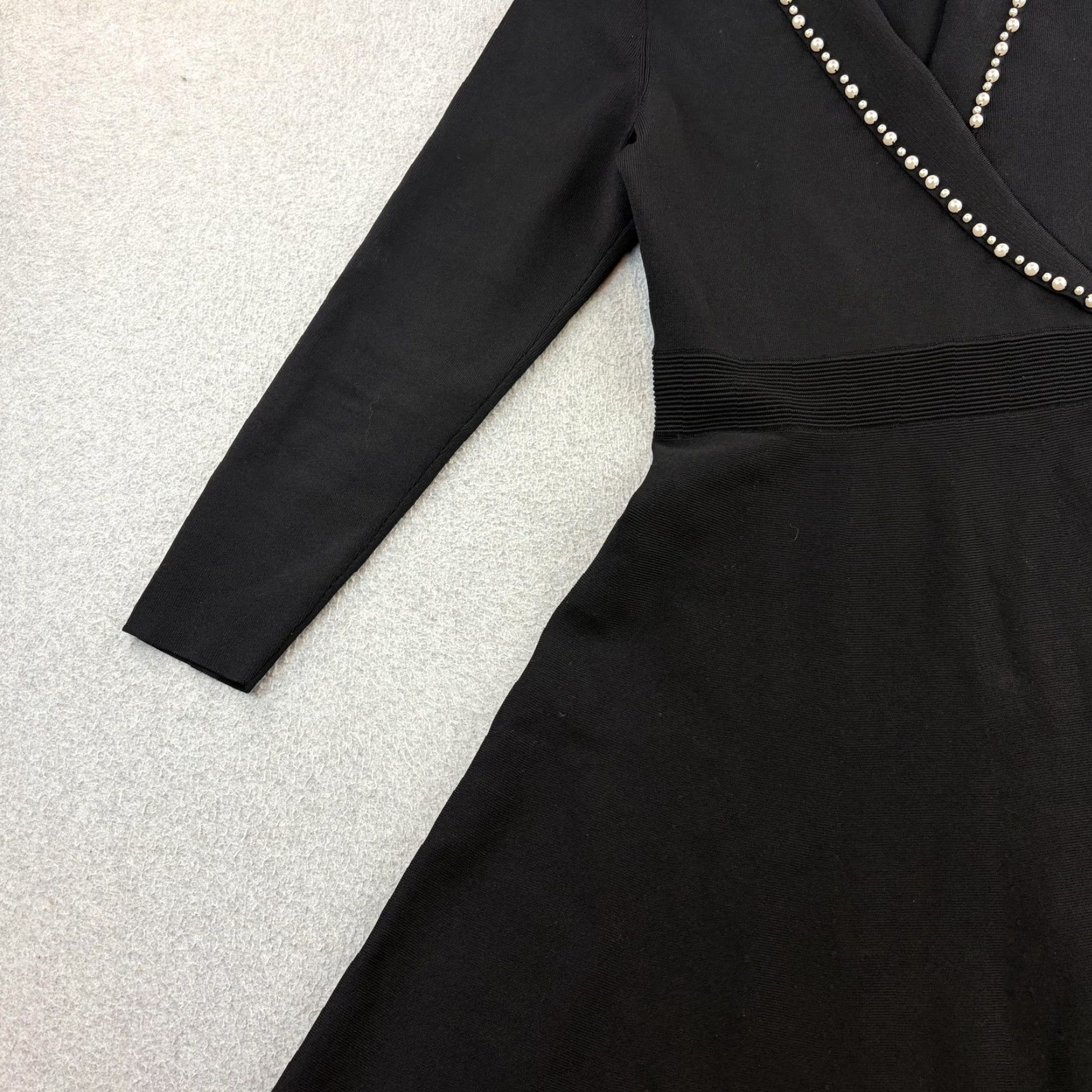 Sandro Sandro Dress Womens 42 Black Knit Pearl Trim Collar Fit & Flare Long Sleeve Dress Size M / US 6-8 / IT 42-44 - 7 Thumbnail