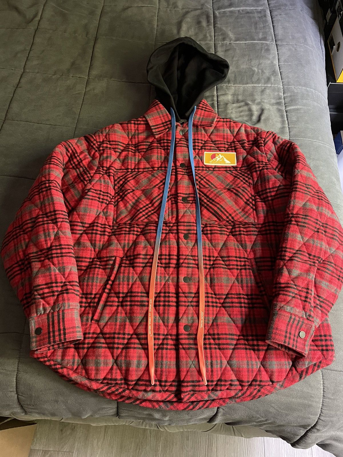 image of Off White Off-White Mountain Flannel Hooded Jacket in Red, Men's (Size Large)