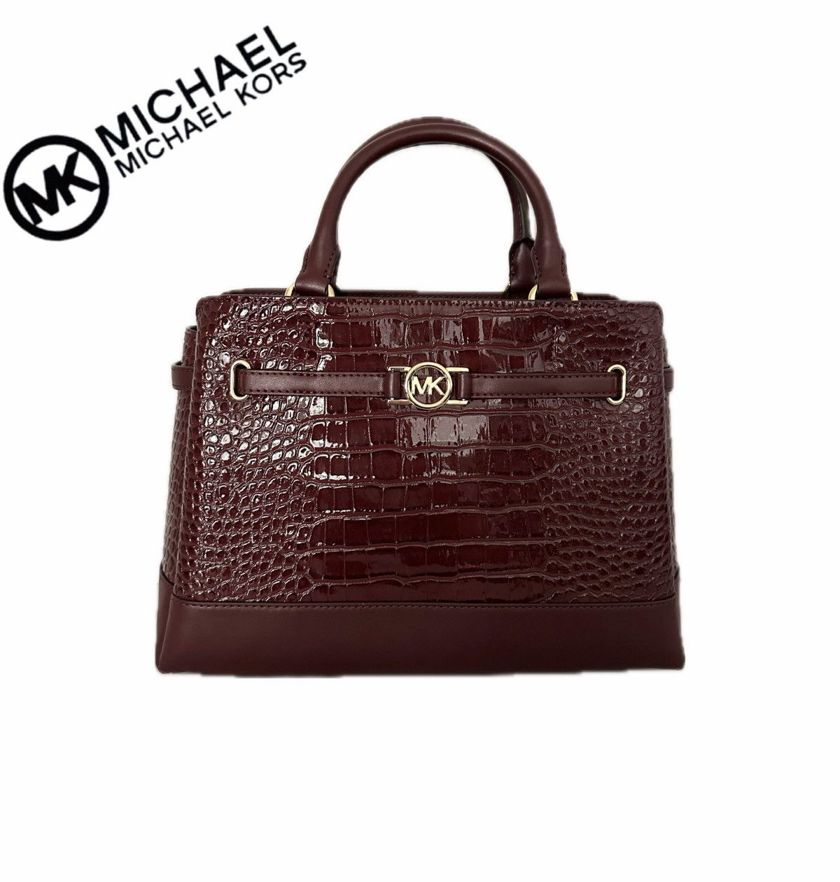 Michael Kors Reed Large Croc-Embossed Leather Belted Satchel Oxblood Size ONE SIZE - 2 Thumbnail
